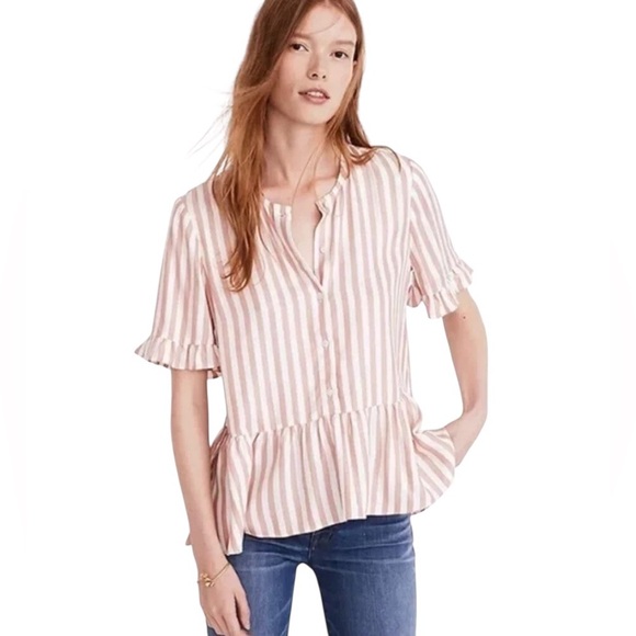 Madewell Studio Ruffle Hem Top Cecelia Stripe White/Red Sz L Like New - Picture 2 of 8